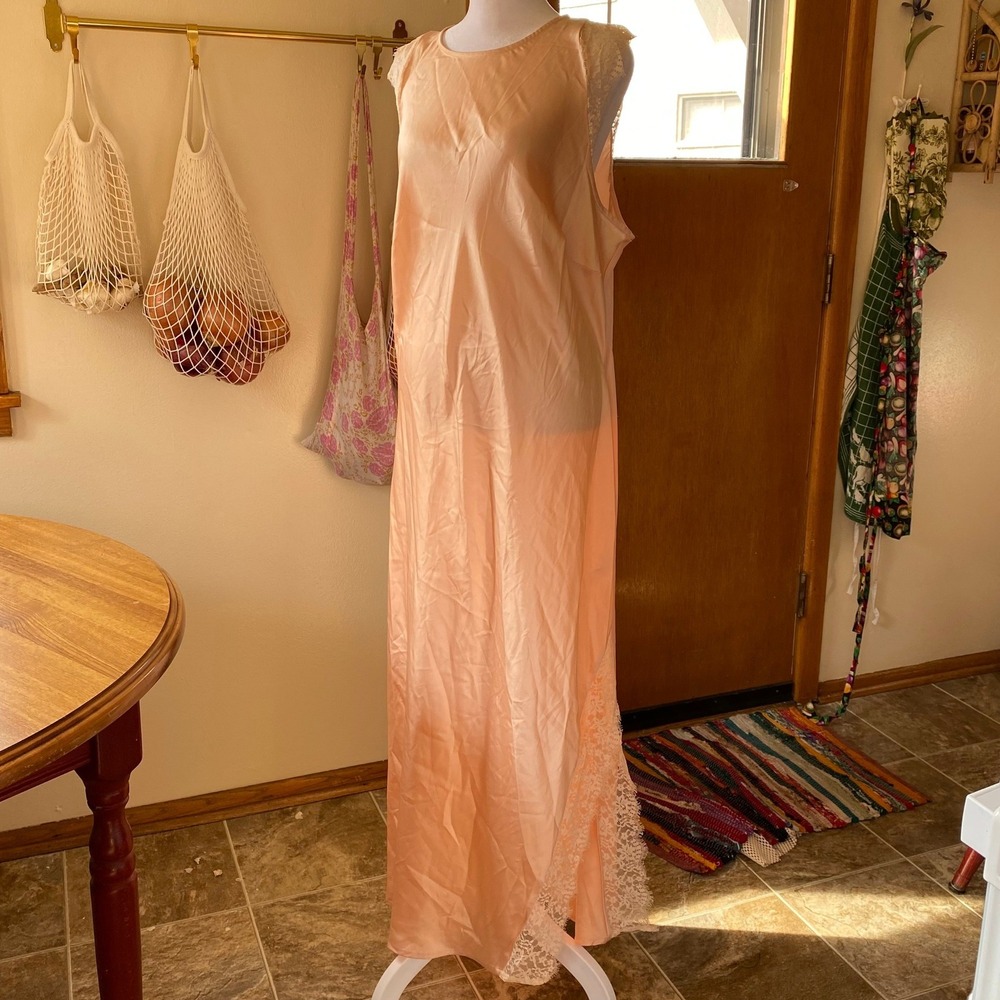 Satin Lace Trim‎ Pink Midi Slip Dress XXL Coquette Fairy Sheer Femme Silky Long